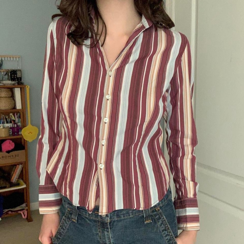 maroon, pale blue, and tan striped long sleeve button up by dockers